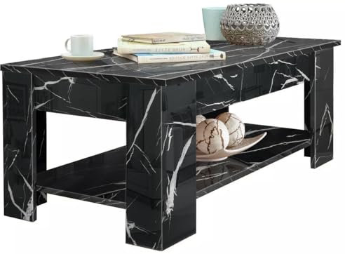 High Gloss Lift Top Coffee Table with Storage, Coffee Tables for Living Room Wood Lifting Coffee Table with Storage Shelf Rectangular Lift-Top Sofa End Tea Table, White Marble 120x 60 x 49.5-62.5H cm