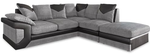RestNest Spacious Dino Corner Sofa 5 Seater convertible into footstool and L shaped sofa Right Hand Dino Jumbo Cord Sofa Options in 2 colors & 2 Styles (Grey-Black, Right Corner)