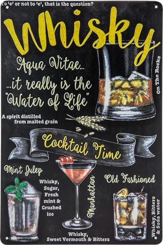 LUCKYLINDE – 30 x 20 cm Blechschild – Bar, Restaurant, Pub, Partykellder Deko Schild, Cocktail Übersicht Tafel - Whisky Cocktails (schwarz)