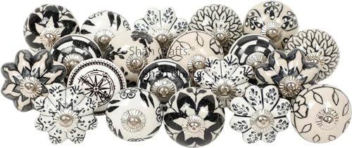 Shah Crafts. Ceramic Door Knobs Set of 12 Black and White Premium Quality Assorted Flower Designs Handmade for Interior Furniture Cabinet Cupboard Wardrobe Drawers Pulls Handles