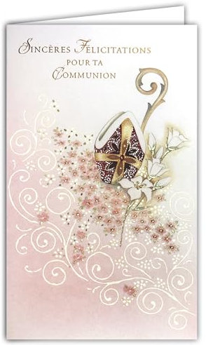 19-624 Carte porte-billet SINCÈRES FÉLICITATIONS POUR TA COMMUNION Doré avec enveloppe blanche au format 19,5x12cm Fleurs roses pour Fille Communiante Croix chrétienne catholique Mitre Cross évêque