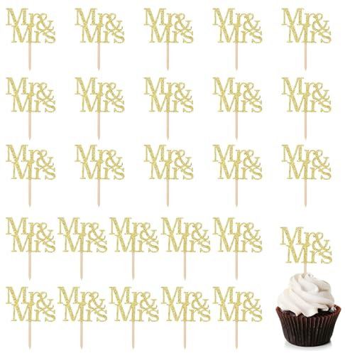 24 Stück Cupcake Toppers, Tortenstecker für Hochzeit, Jubiläum, Verlobung, Antrag - Gold Glitter Hochzeit Brautdusche Kuchen Dekorationen Partyzubehör Mr & Mrs Deko