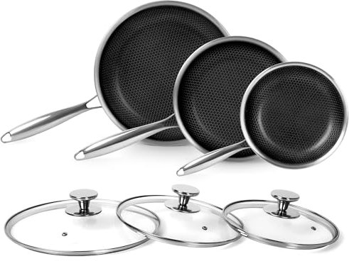 Innerwell Set di padelle Antiaderente 20/24/28 cm, 3 Pezzi Padella Acciaio Inox Induzione con Coperchio, Rivestimento a nido d'ape antigraffio, Padelle Adatte Per Forno, Senza PFOA