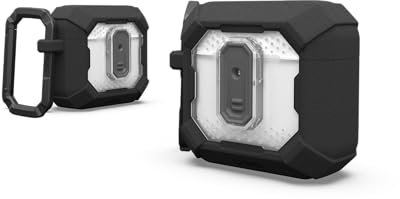 URBAN ARMOR GEAR Plasma Case für die Apple AirPods 4 Hülle [2024] (Magnetisch, Wireless-Charging kompatibel / Status LED sichtbar, Abnehmbarer Karabinerhaken) schwarz / transparent