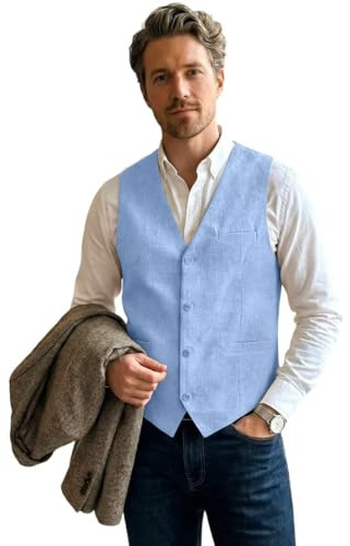 Bofan Leinen-Anzugweste für Herren, Strand, Hochzeit, Sommer, Freizeitweste für Herren, Trauzeugen, Kleid, Hell, blau, X-Large