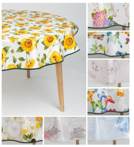 laro 140cm runde Wachstuch Tischdecke abwaschbar Wachstuchtischdecke mit Saum-Eingefasst-Paspelband, Muster:Sonnenblumen Sonnenfreude Gelb Weiß, Größe: Rund 140cm