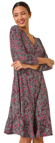 Roman Originals Tea Dress for Women UK Ladies Skater Swing Fit & Flare Flattering Summer Knee Length Frill Hem Ruched Chest Casual Smart Cocktail Party Going Out - Pink Noir - Size 16