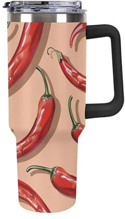 HJUQNGF Personalisierter Becher mit Griff und Strohhalm, Chili-Pfeffer-Muster, Edelstahl, isoliert, wiederverwendbar, Auto-Thermobecher, Reise-Kaffeetasse für Damen und Herren, 1,2 l