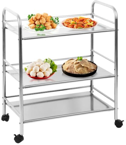 Küchenwagen mit Rollen, Servierwagen, 3 Ablagen, Tragfähigkeit 150 kg, Edelstahl, Servierwagen, Küchenwagen, 3 Ablagen zur Reinigung von Catering (61 x 36 x 75 cm)