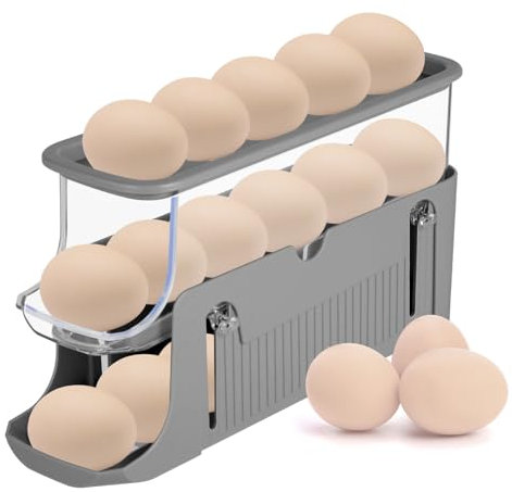 Distributeur d'œufs à 3 niveaux - Rangement oeuf 28×15×8,5cm - Plastique - Roulement automatique, gain de place, empilable - Rangement d'œufs pour réfrigérateur, cuisine (Gris)
