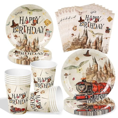Wizard Vaisselle de Fête D'anniversaire, 50 Assiettes de Fête Magiques Wizard, Vaisselle D'anniversaire D'Harry, Magiques Anniversaire Kit inclure Assiettes Tasses Serviettesr pour Garçons et Filles