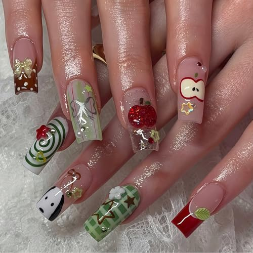 Auroriel 24 Pieces Long Square Press on Nails Red and Green French Tips with Glitter Apple and Puppy Design Summer Party Nail Art Reusable