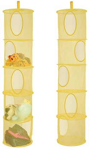 Hängeaufbewahrung, 2 Stück Faltbare Hängeaufbewahrung Organizer, 5 Fächer Hängeregal Mesh Hängende Netz-Aufbewahrungstasche, Kuscheltier Aufbewahrung Hängend Korb für Kinderzimmer Balkon(Gelb)