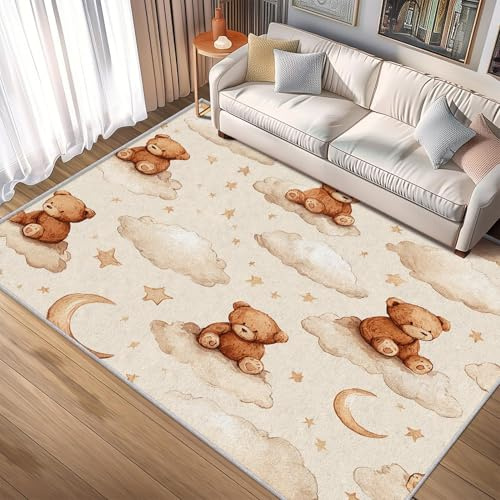 UUZEAI Teddybär-Teppich, 80 x 140 cm, waschbar, rutschfest, Aquarell-Mond- und Wolkenmuster, Kurzflorteppich für Kinderzimmer, Jungen- und Mädchenzimmer