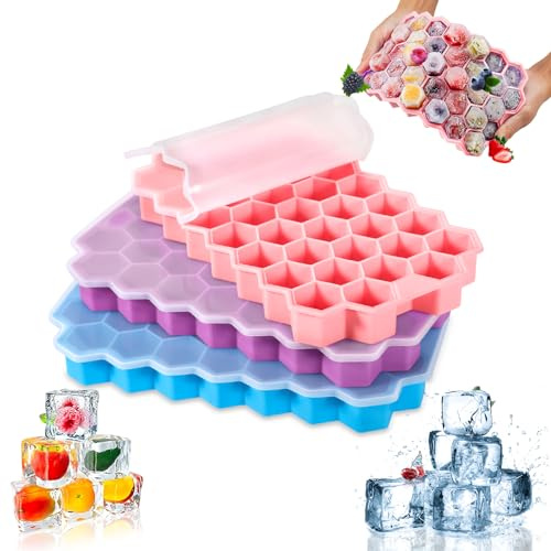 JUQG 3 Pcs Stampo Ghiaccio con Coperchio, Stampo Ghiaccio Silicone, Vassoio per Cubetti di Ghiaccio a 37 Scomparti, Vassoi per Cubetti di Ghiaccio Impilabili per Cocktail, Cioccolato, Crema, Succo