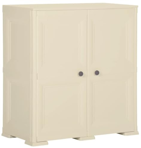 HFXHIJXQ Armadio in plastica 79 x 43 x 85,5 cm Angora bianco con decorazione in legno, 2 ante, portata fino a 30 kg, per cantina, ufficio, corridoio, casetta da giardino e deposito