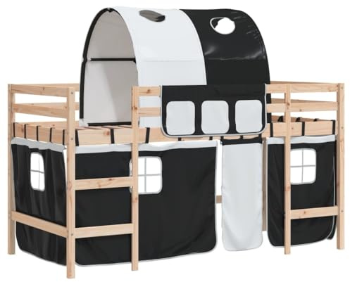mtlskopl Kinderhochbett aus Kiefernholz 80x200 cm mit Tunnel & Vorhängen Weiß Schwarz Massives Etagenbett Spielbett für Kinderzimmer ab 6 Jahren