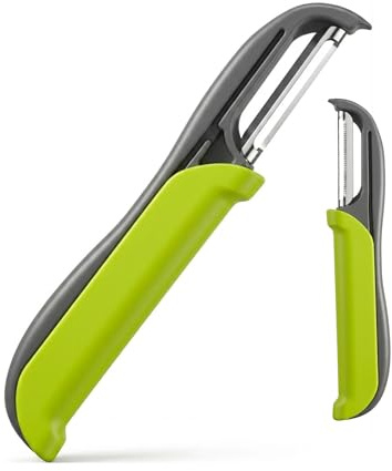 Pelador de Verduras Profesional Acero Inoxidable, Doble Corte, Pelador de Patatas y Frutas, Cuchilla Giratoria, Mango Ergonómico Antideslizante, con Protector de Seguridad