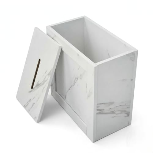 M&H Slim Bathroom Storage Box Organiser with Lid, Compact Floor Cabinet for Toilet Rolls & Cleaning Products, Storage Unit for Small Spaces, Wooden Storage Box, Marble Effect