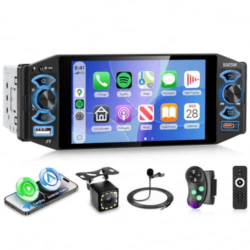 Rimoody Autoradio 1 Din con Wireless Carplay Android Auto Bluetooth 5.2 FM/AM/RDS, 5 Pollici IPS Touchscreen Radio iOS/Android Mirror Link USB/AUX/EQ/Tipo C Comandi al Volante Telecamera Posteriore