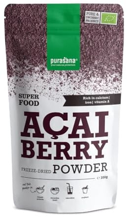 Purasana® Acai Pulver Bio - 100g Gefriergetrocknet, 100% Rohkost aus Acai-Beeren, Hochkonzentriert und Reich an Antioxidantien, Unterstützt das Immunsystem - Vegan & Zertifiziert