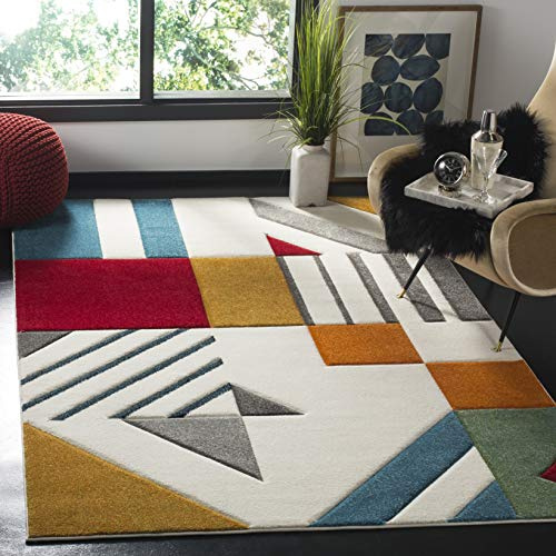 SAFAVIEH Moderne Grafik Teppich für Wohnzimmer, Esszimmer, Schlafzimmer - Hollywood Collection, Kurzer Flor, Elfenbein und Pfauenblau, 160 X 229 cm