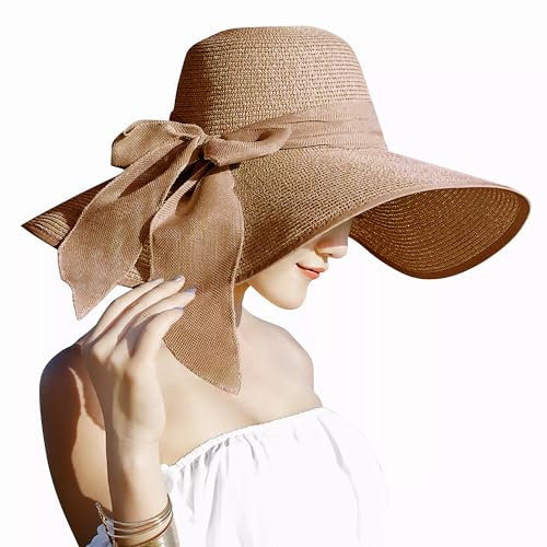 Lanzom Strohhut für Damen, große Schleife, faltbar, schlappig, aufrollbar, Strandkappe, Sonnenhut, 14 cm, LSF 50+, Khaki, Einheitsgröße