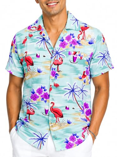 King Kameha Funky Hawaii Hemd Männer - Luftiges Hawaiihemd Herren Kurzarm mit Brusttasche & tropischem Flamingo-Print