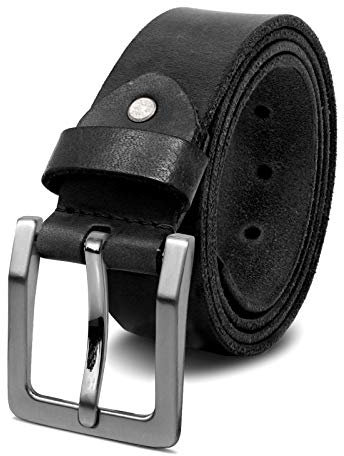 ROYALZ 'Oakland' Antik Vintage Ledergürtel Herren Büffel-Leder aus robusten 4mm Voll-Leder Dornenschließe, Größe:Bundweite 120 cm = Gesamtlänge 135 cm, Farbe:Schwarz - Schnalle gebürstet