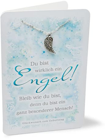 KE - Premium Geburtstagskarte Set mit Kette und Engel Anhänger | DIN A6 Klappkarte inkl. Umschlag | Hochwertige Karte in Folie verpackt | Motiv: Engel