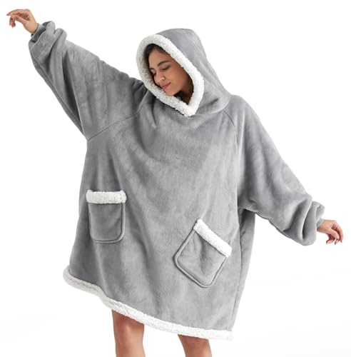 BEDSURE Wearable Blanket Hoodie with Sleeves - Sherpa Hooded Blanket Adult as Warm Gifts for Mom Women Girlfriend Men, Winter Sweatshirt Blanket with Giant Pocket (Standard, Grey)