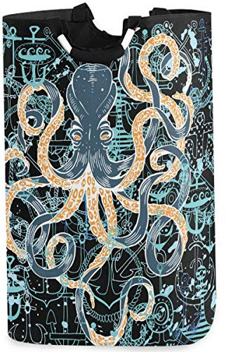 visesunny Vintage Octopus Anker Großer Wäschesack Faltbarer Oxford-Stoff Wäschesammler Faltbar Tragbar Schmutzwäsche Wäschekorb mit Griffen Wasserdicht Waschtonne Wäschesack