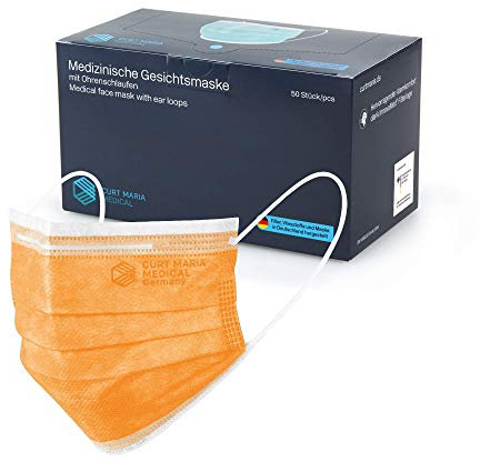 CURT MARIA MEDICAL 50 Stück Medizinische Gesichtsmasken made in Germany Mundschutz 3-lagig mit Ohrenschlaufen zum Einmalgebrauch orange