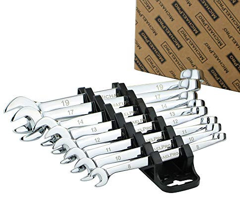 MichaelPro MP001015 8-Piece Combination Spanner Set, Spanner Sets, Spanners & Wrenches, Patented Spiral Grip Design, 15 Degree Offset Wrench Set at Open End, Metric Spanner Set for Mechanic
