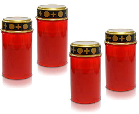 4x LED Grabkerze Grableuchte Dauerbrenner mit realistischem Flackereffekt - 12cm hohe 7cm runde rote Friedhofskerze Batteriebetrieb lang leuchtende Grablaterne Gedenkkerze für jedes Wetter (4 Kerzen)