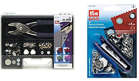 Prym 651420 Vario Plus Sortimentskasten nähfrei & 541374 Ösen und Scheiben 8,0 mm, Messing silberfarbig