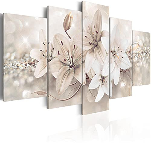 B&D XXL Acrylglasbild Blumen Lilien 200x100 cm 5 Teilig Wandbild auf Acryl Glasbilder Kunstdruck Moderne Acrylglas Platte Wanddekoration Geschenke Heimdekoration Glasbild Abstrakt beige Bokeh