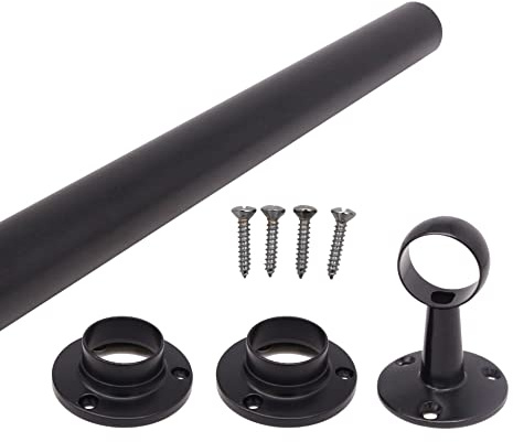 Wardrobe Rail Black Mounted Kit for Clothes Hanging (1 rail, 2 end sockets, 1 centre bracket, screws) (25 x 1829 mm)