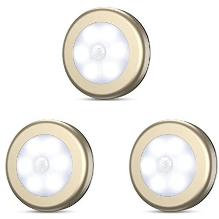 ORIA LED Bewegungsmelder Licht, 3 Stk LED Nachtlicht mit Bewegungsmelder, Auto EIN/AUS & Batteriebetrieben, Weiches Weißes Schrank Licht mit Bewegungsmelder, für Inner, Flur, Badezimmer - Champagner
