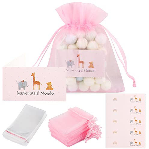 50Pz Sacchetti Nascita Bomboniere Rosa 50pz Bigliettini Benvenuta al Mondo Portaconfetti 100pz Sacchetti Palstica Regalo Addobbi Decorazioni Nascita Battesimo Feste Bambina Bimba