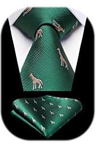 HISDERN Herren Krawatte Grün Giraffenmuster Hochzeit Krawatte für Herren Klassische Business-Krawatte und Einstecktuch Set