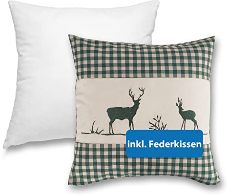 wometo Kissenbezug Kissenhülle 40x40 Hirsch grün mit Federkissen Füllung OekoTex - Reißverschluss Landhaus-Stil Dekokissen Zierkissen Sofakissen Stick kariert Heller Hintergrund