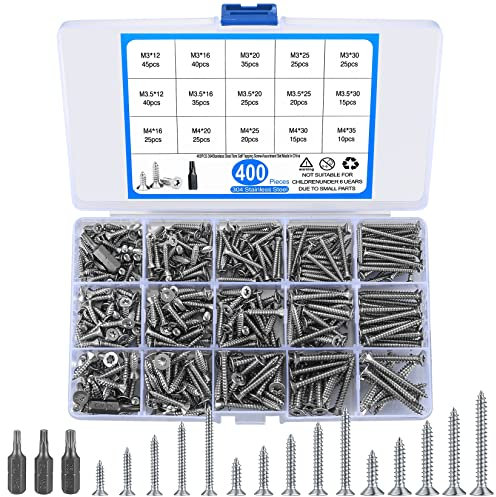 400 Stk Selbstschneidende Schrauben Sortiment Set, Blechschrauben mit Senkkopf, Kreuzschlitz Flachkopfschrauben, Edelstahl Torx Selbstbohrschrauben, Holzschrauben mit Bohrer - M3/M3,5/M4