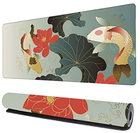 Japanische Koi-Karpfen, Fische und Lotusblumen, Gaming-Mauspad, XXL, großes Schreibtisch-Mauspad, Tastaturmatte mit genähten Kanten, wasserdicht, rutschfest, Computer, 80x40 cm