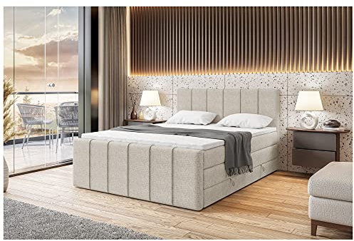 MEBLINI King Boxspringbett mit Bettkasten - Gepolstert Doppelbett mit Matratze und Topper - Polsterbett mit Stauraum - Bett mit Kopfteil - Stauraumbett - Lebron - 180x200 - H3/Beige Webstoff