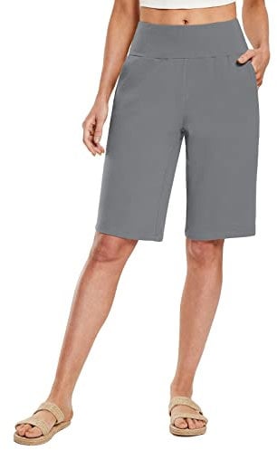 baleaf Women's Bermuda Shorts Long Knee Length Cotton Shorts High Waisted Tummy Control Casual Work Lounge Grey M
