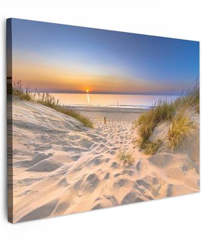 MuchoWow© Bild auf Leinwand 40x30 cm Schlafzimmer Bilder Wand Deko Wohnzimmer Modern Wanddeko Bilderwand Geschenk Düne - Sonnenuntergang - Horizont - Strand und Meer - Gras - Sonne