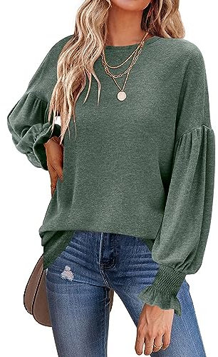 Coloody Mujeres Cuello Redondo Camiseta de Manga Larga Sudaderas Manga de Linterna Tops-Verde-XXL
