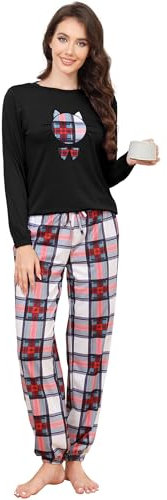Les-Theresa Ensemble Pyjama en Coton pour Femme - Long - Deux pièces - Manches Raglan - Vêtement de Nuit et Pantalon de Pyjama Long - Automne - Hiver - Combinaison de Loisirs, Noir à Carreaux, XXL