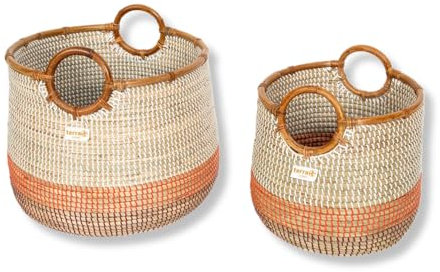 Terra Home 2er Set Aufbewahrungskörbe - stapelbar, Seegrass, rund, Ø 42 cm & 34 cm, geflochten, dekorativ, mit Henkel - Korb für Aufbewahrung, Spielzeug, Kinderzimmer, Wohnzimmer, Badezimmer (orange)